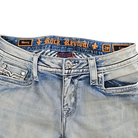 Rock Revival Crop Jeans 29 X 25 Nancy Light Wash Embroidered With Rhinestones - Picture 5 of 10
